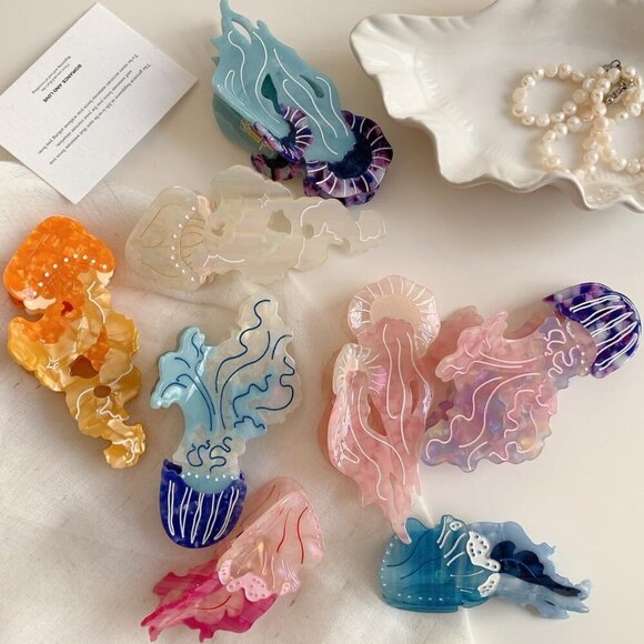 Hair Clips Acetate Big Claw Blue Ocean Jellyfish Art Deco for Women main image 5